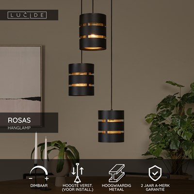 Lucide ROSAS - Hanglamp - Ø 43 cm - 3xE27 - Zwart